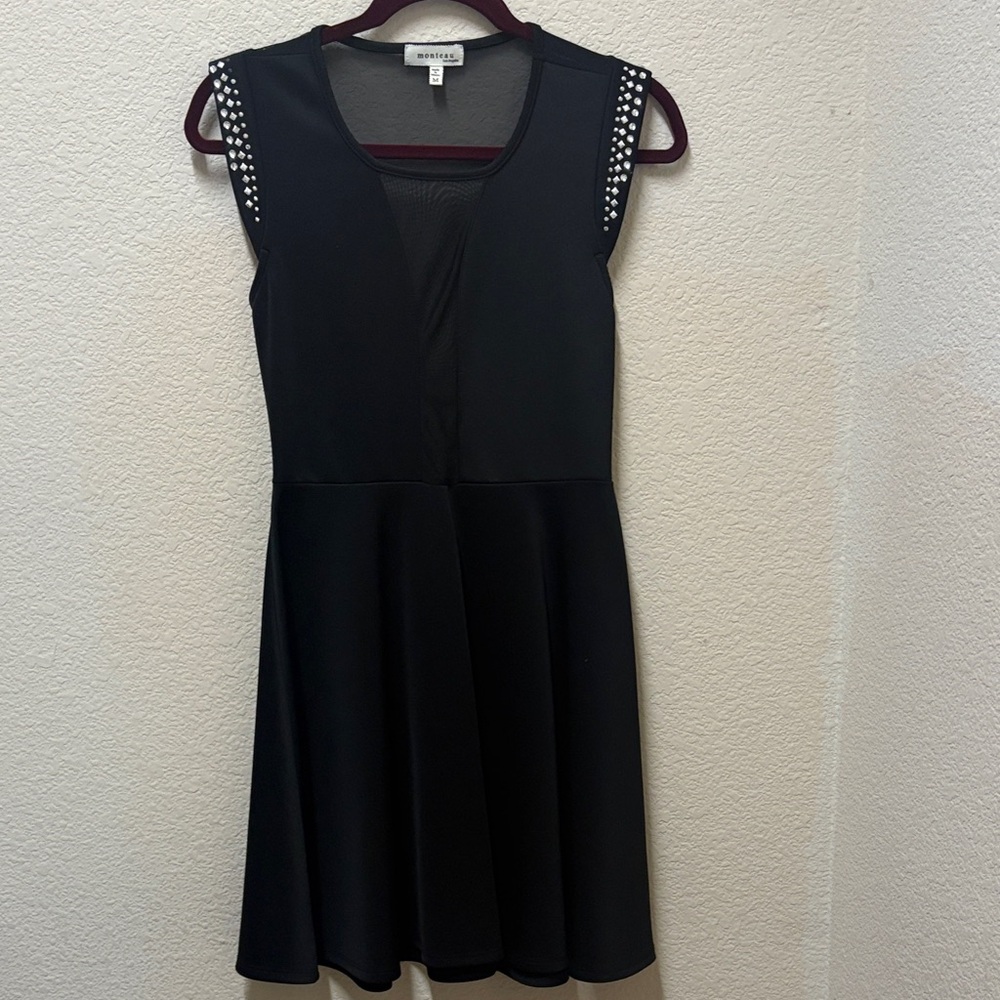Express Black A-Line Mini Dress with Studded Shoulders, Mesh Back